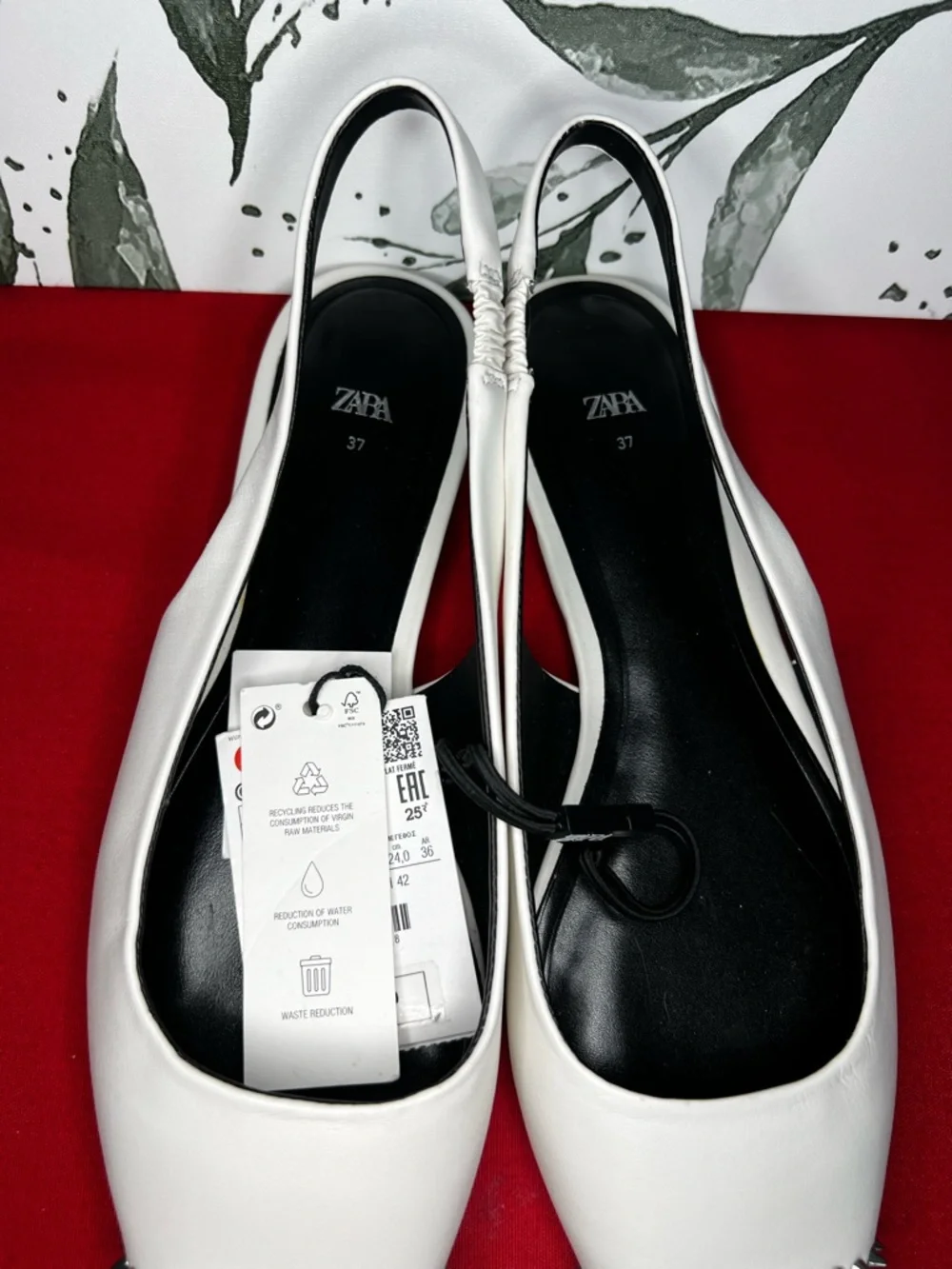 ZARA Women's Pointed Toe Studded Leather Slingback White Flats Sz 37 NWT